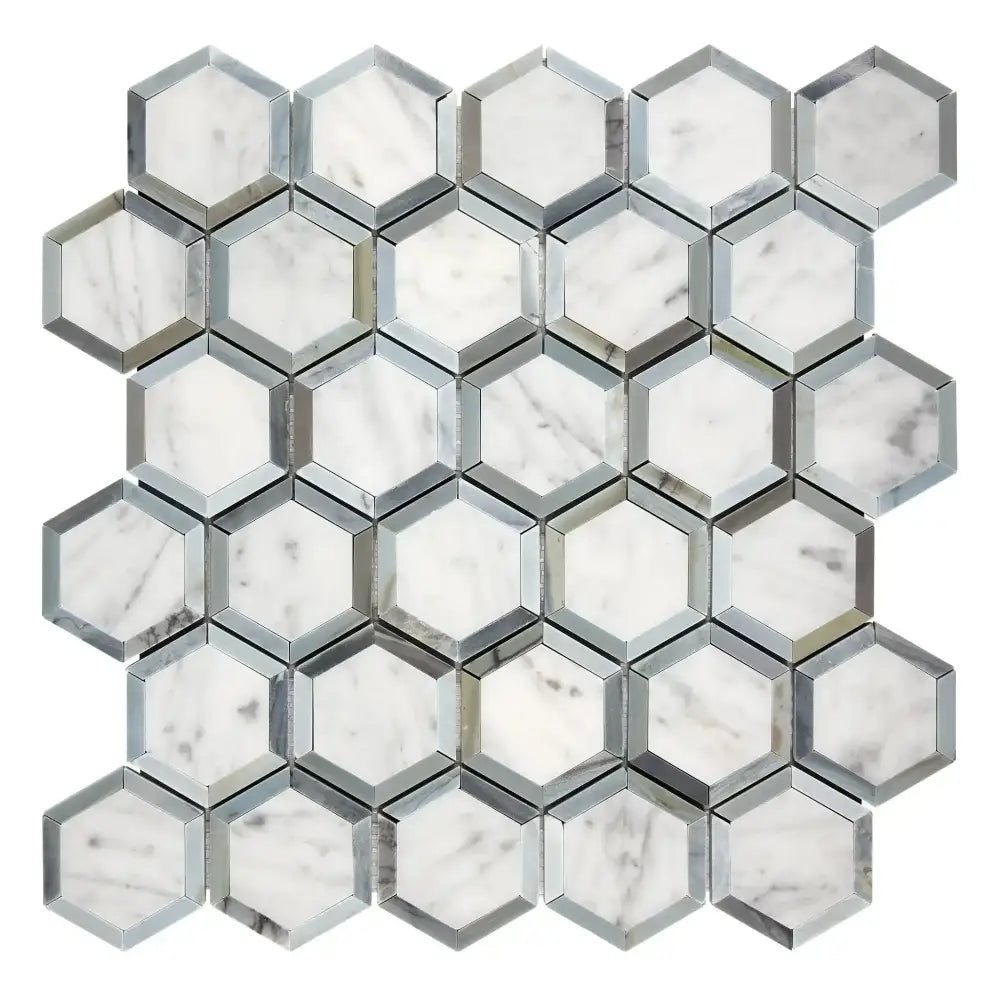 Hexagonal Carrara White marble mosaic tile with blue-gray accents for elegant flooring