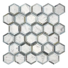 Hexagonal Carrara White marble mosaic tile with blue-gray accents for elegant flooring