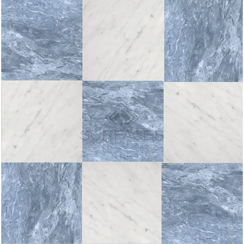 Checkerboard marble tile pattern with Bardiglio Prime and Bianco Carrara White Royale Marbles