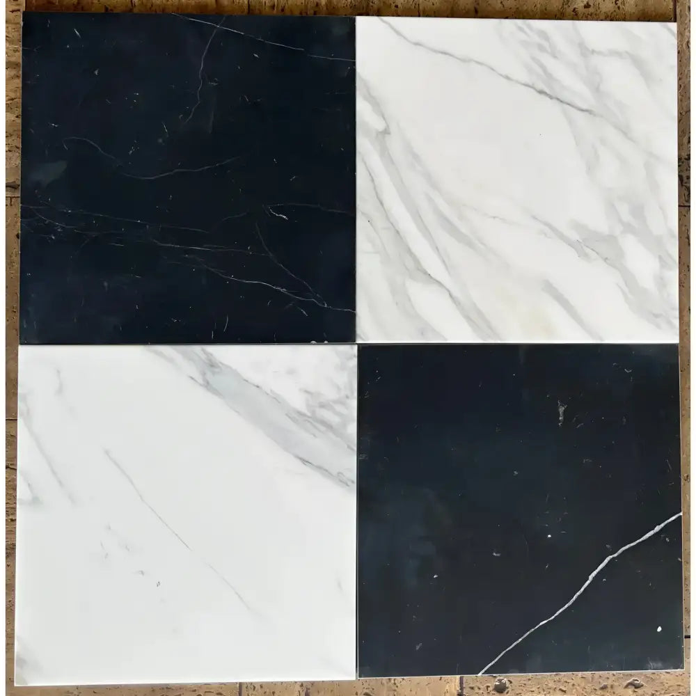 Black and white marble tile squares for Checkerboard Bardiglio Prime and Bianco Carrara White Royale Marble 12X12 Set