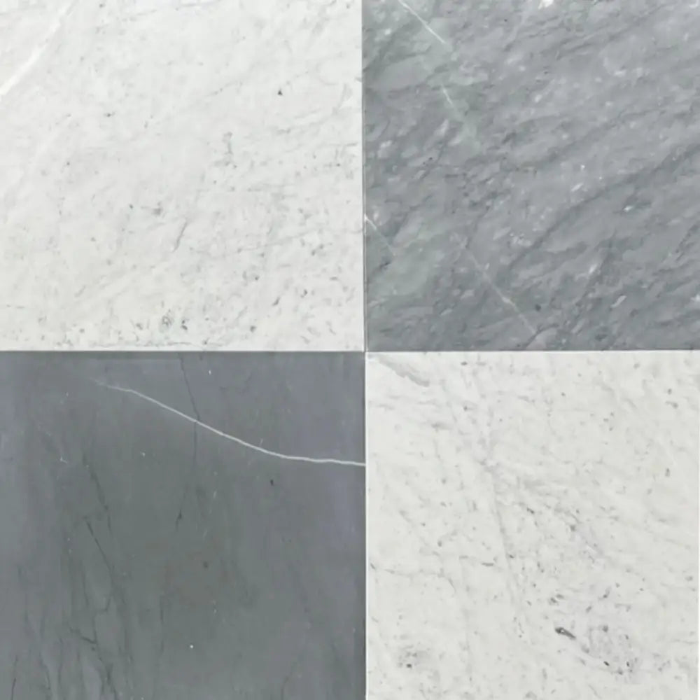 Four-square marble tile pattern with Bardiglio Prime and Bianco Carrara White Royale Marbles