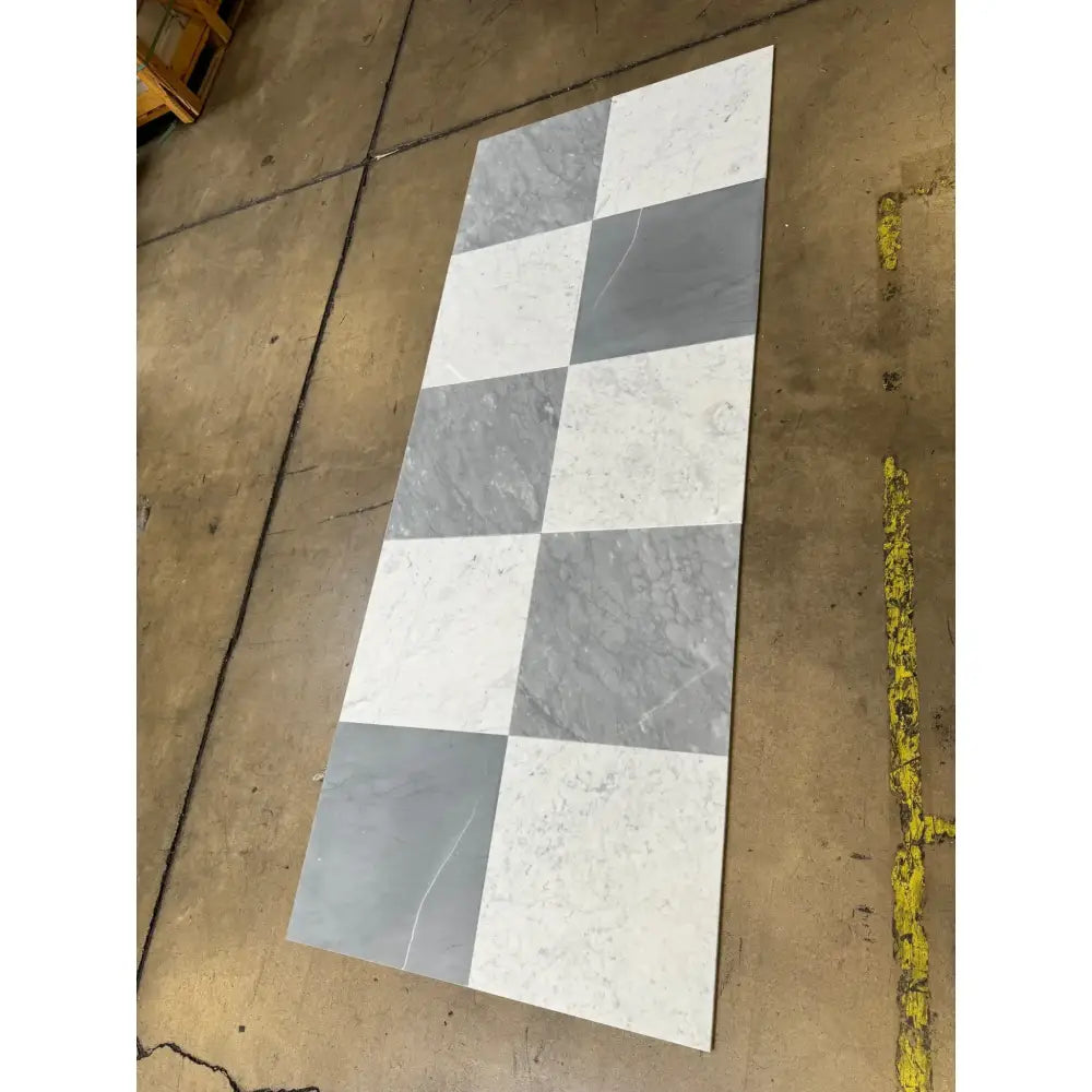 Rectangular tile panel with alternating gray Bardiglio Prime and white Bianco Carrara marble squares