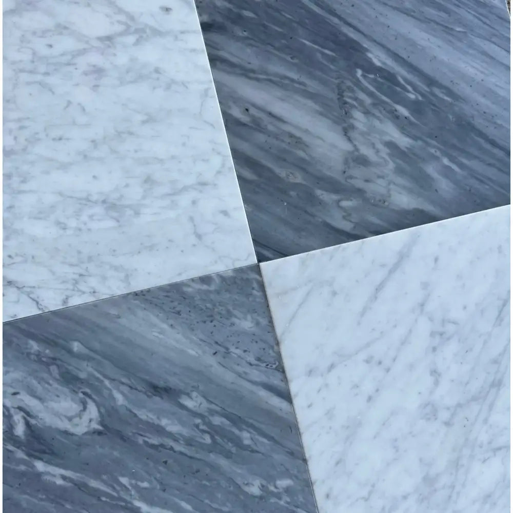 Checkerboard Bardiglio Prime and Bianco Carrara White Royale Marble tile pattern