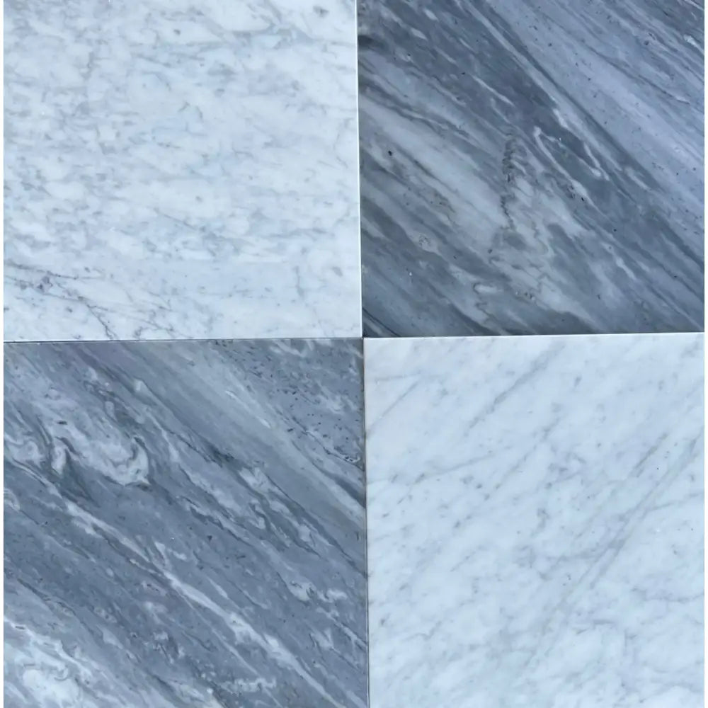 Four marble tiles from Checkerboard Bardiglio Prime and Bianco Carrara White Royale Marble 18X18 Set