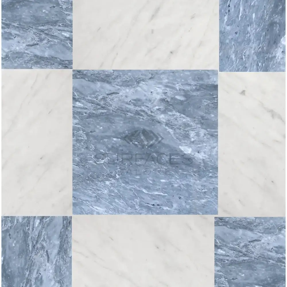 Checkerboard Bardiglio Prime and Bianco Carrara White Royale Marble 12X12 tile arrangement