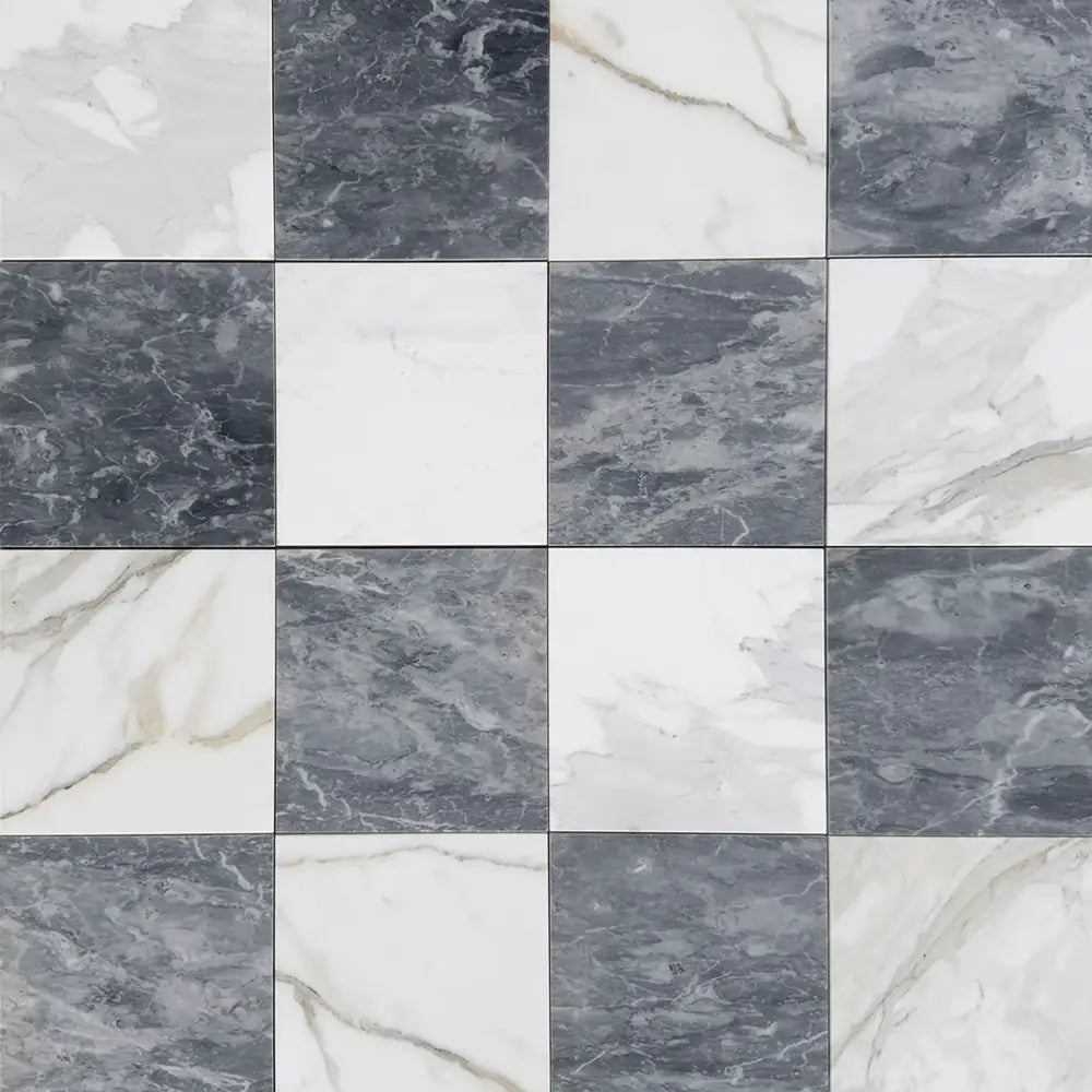 Checkerboard pattern of Bardiglio Prime and Calacatta Gold Marble tiles 12x12 set