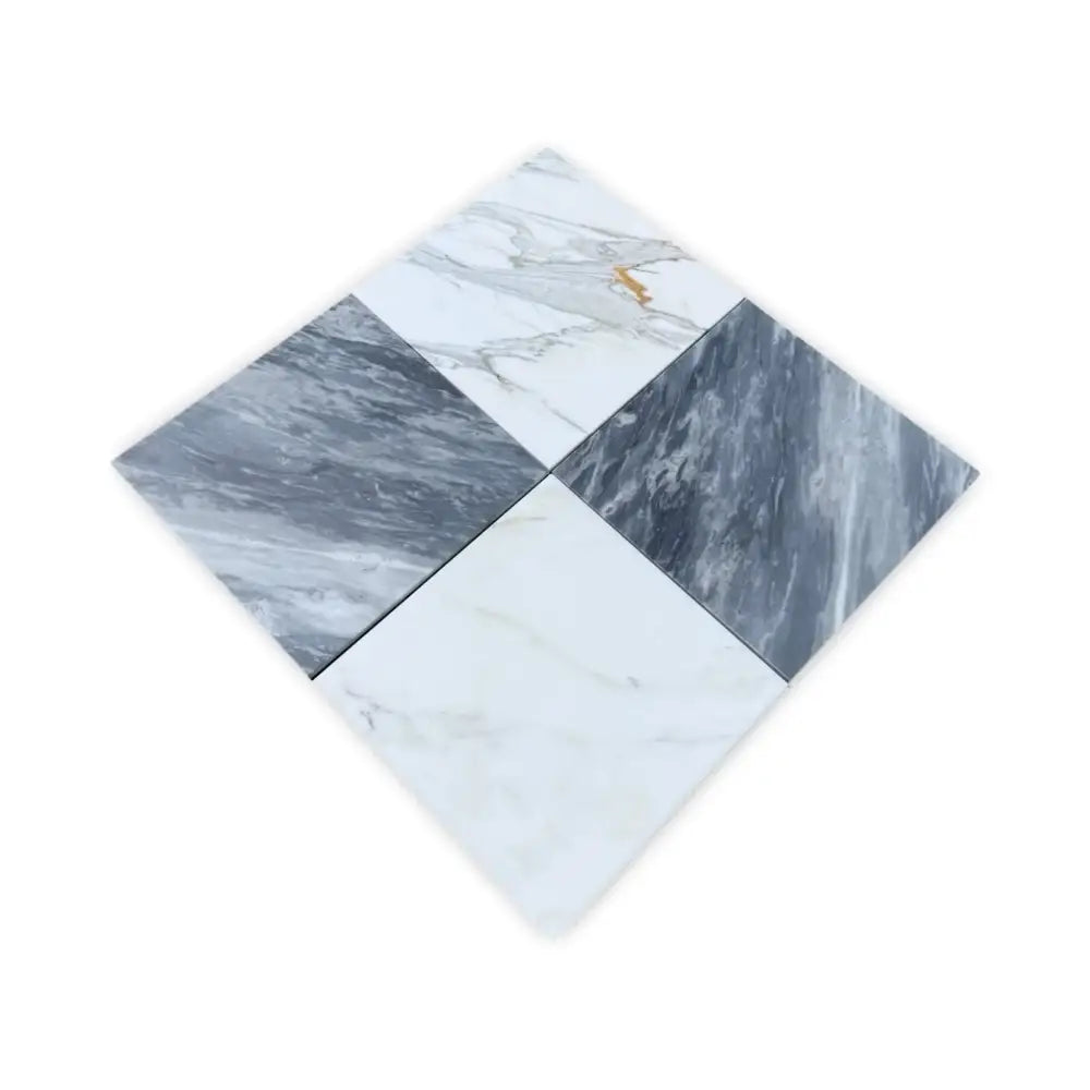 Diamond-patterned Marble Tile Arrangement with Bardiglio Prime and Calacatta Gold 12x12 Set