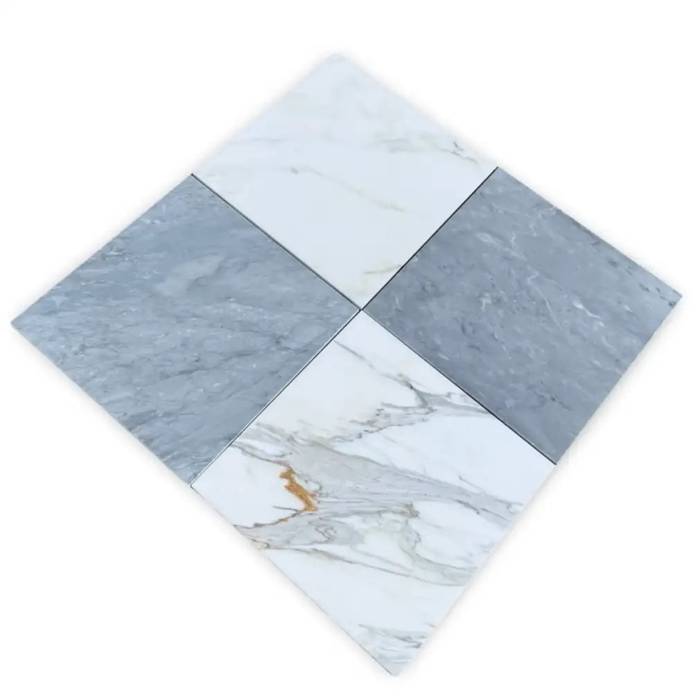 Diamond-arranged Bardiglio Prime and Calacatta Gold Marble 12x12 tiles shown