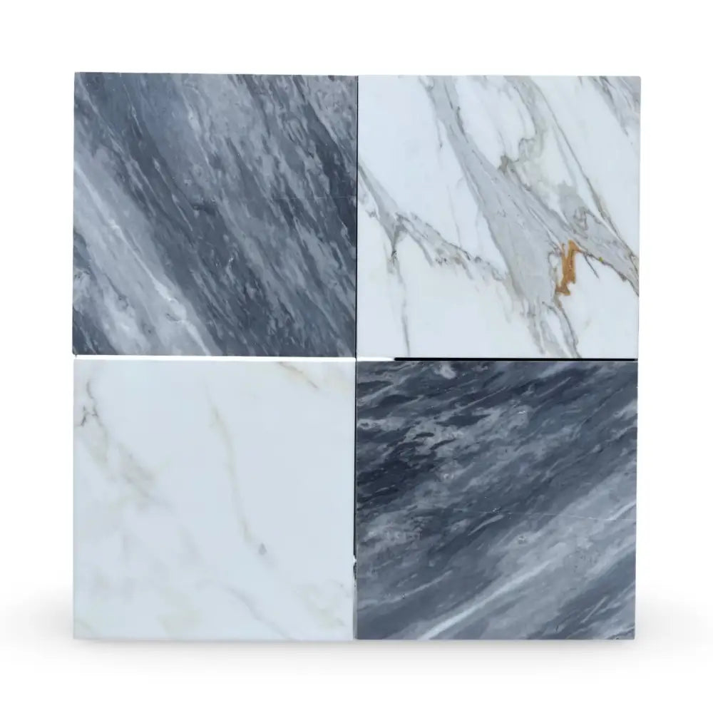 Four marble tiles from Checkerboard Bardiglio Prime and Calacatta Gold Marble 12x12 Set