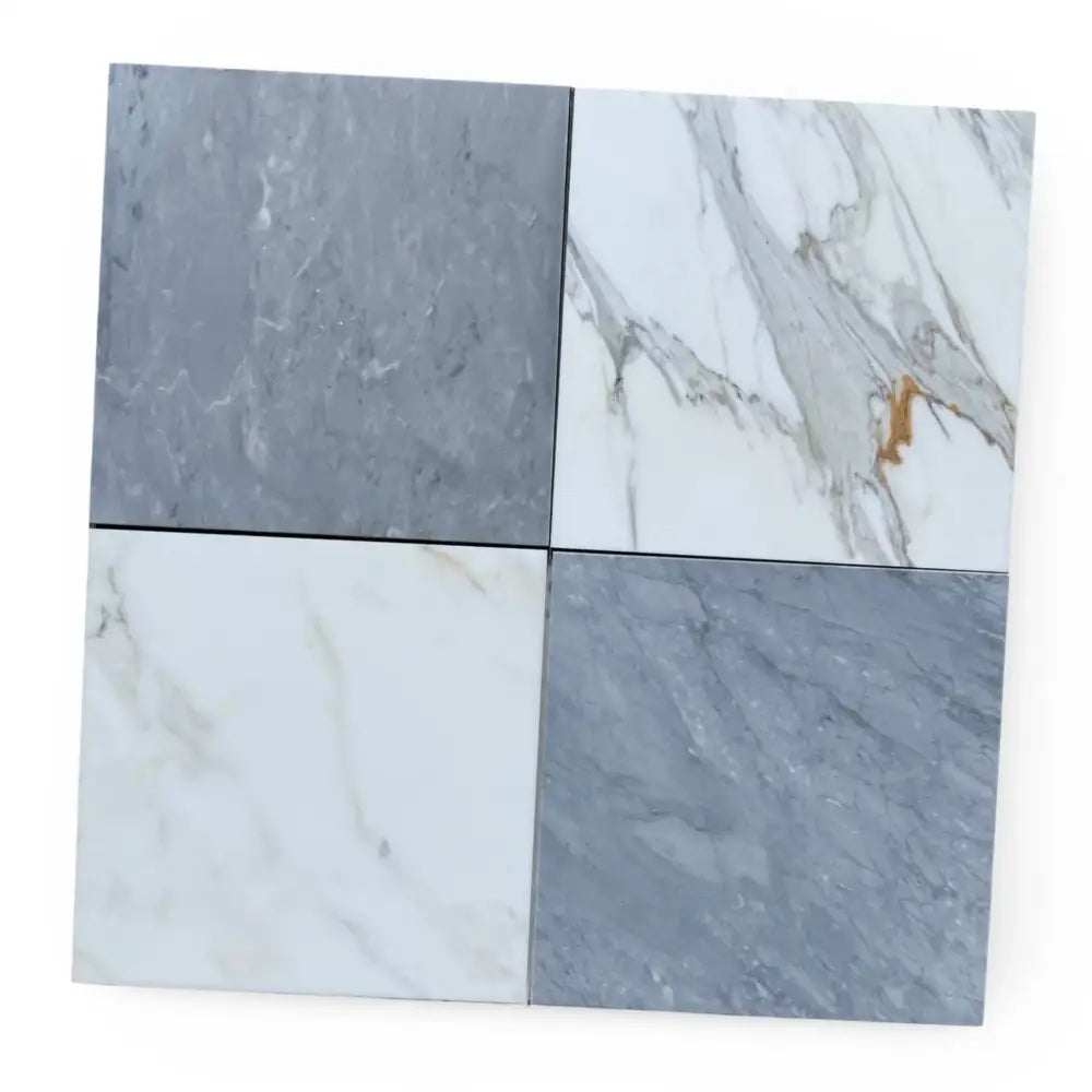 Four square marble tiles from Checkerboard Bardiglio Prime and Calacatta Gold Marble set