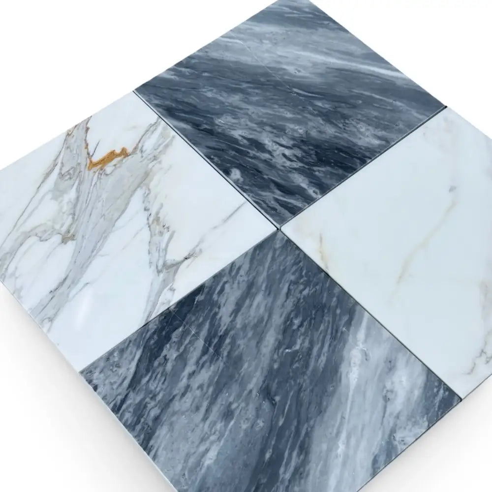Square marble tile arrangement featuring Bardiglio Prime and Calacatta Gold for elegant flooring
