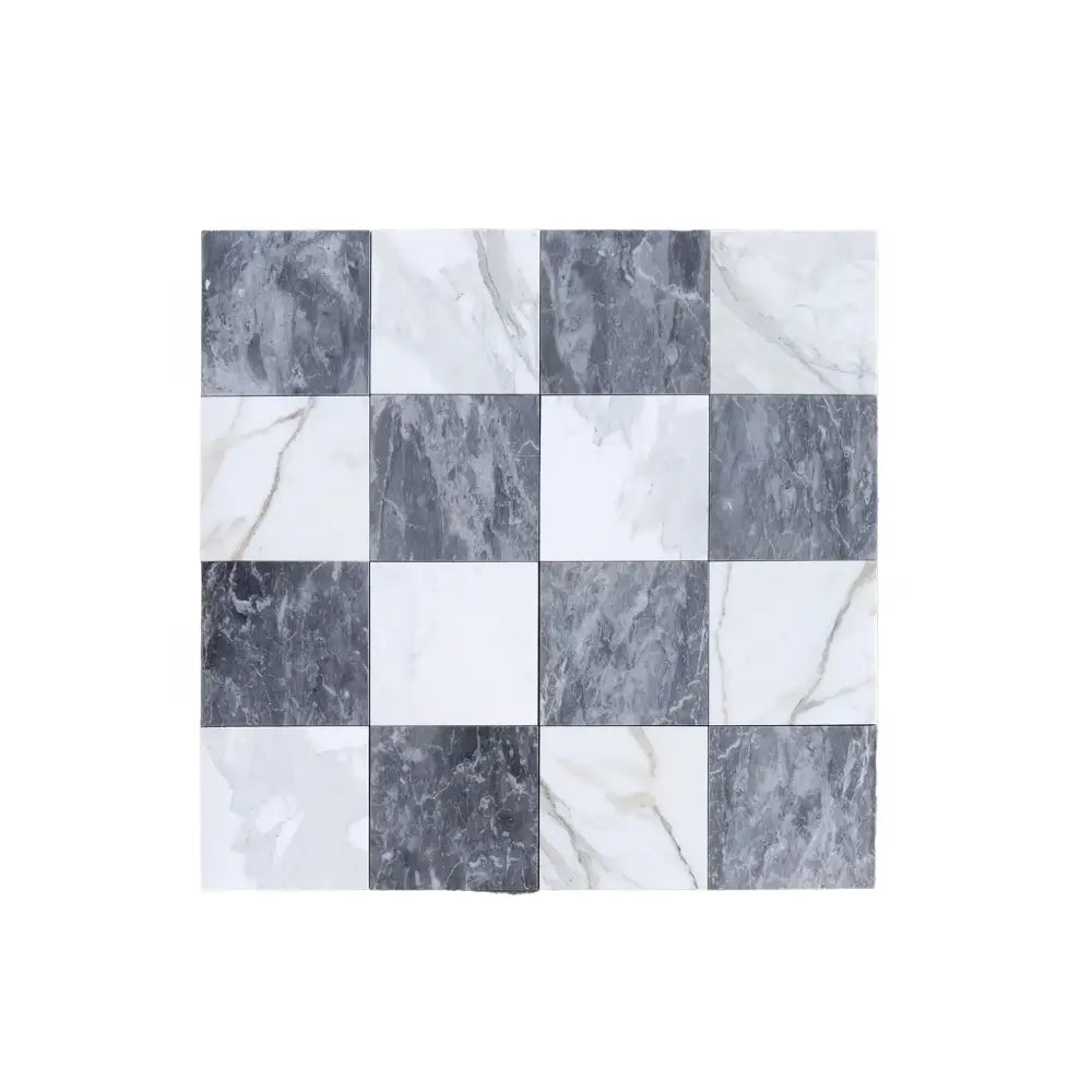 Checkerboard pattern of Bardiglio Prime and Calacatta Gold Marble tiles in 18x18 set