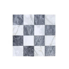 Checkerboard pattern of Bardiglio Prime and Calacatta Gold Marble tiles in 18x18 set