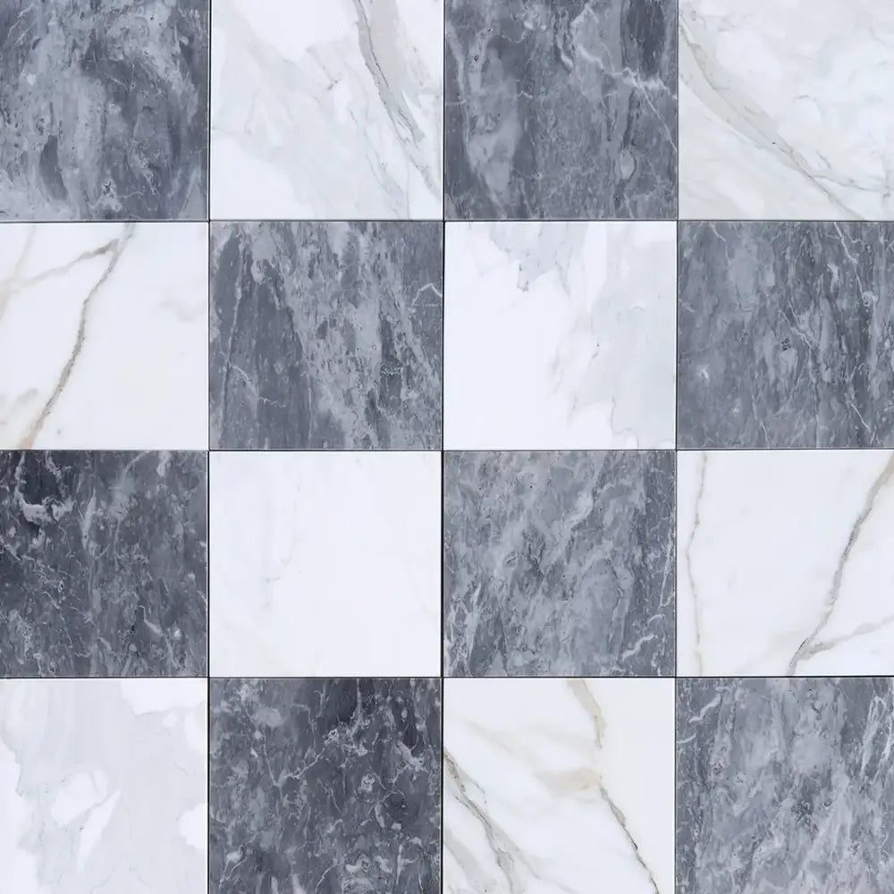 Marble-patterned tile arrangement featuring Bardiglio Prime and Calacatta Gold marble 18x18 set