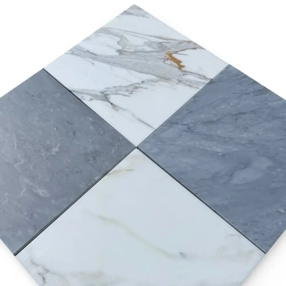 Four square marble tiles in a Checkerboard Bardiglio Prime and Calacatta Gold set