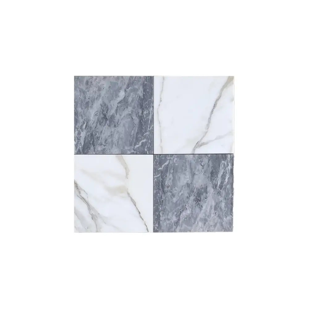 Four marble-patterned tiles from Checkerboard Bardiglio Prime and Calacatta Gold Marble set