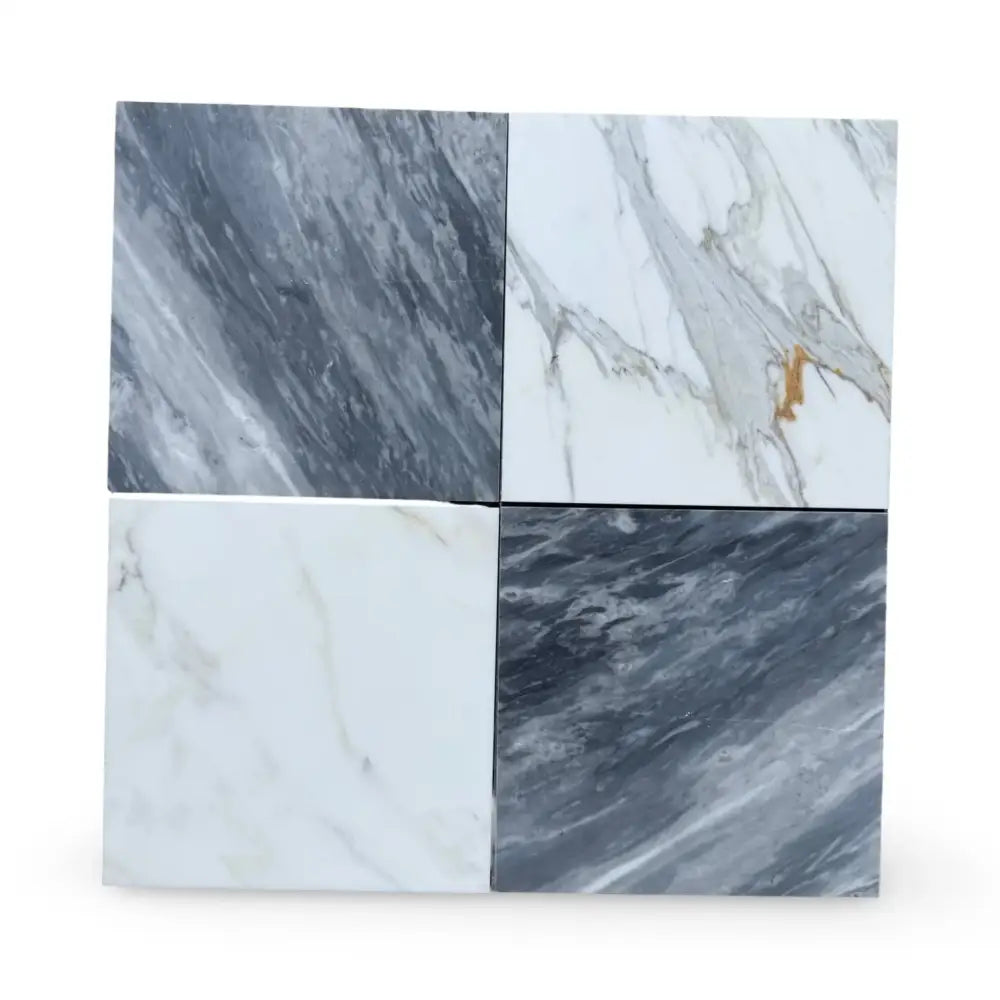 Four marble tiles from Checkerboard Bardiglio Prime and Calacatta Gold Marble set