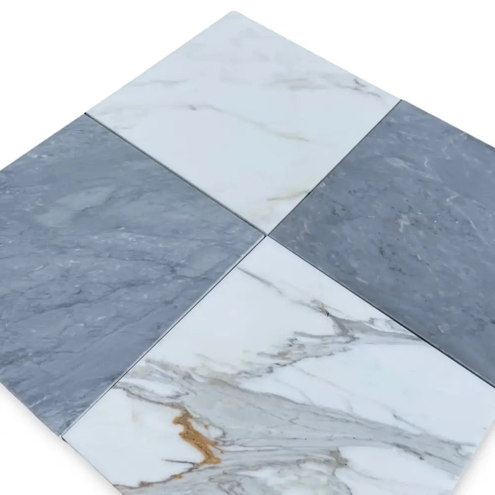 Four square marble tiles in a Checkerboard Bardiglio Prime and Calacatta Gold Marble 18x18 set