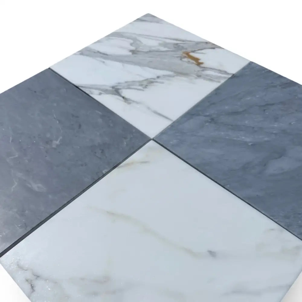 Four square marble tiles from Checkerboard Bardiglio Prime and Calacatta Gold Marble set