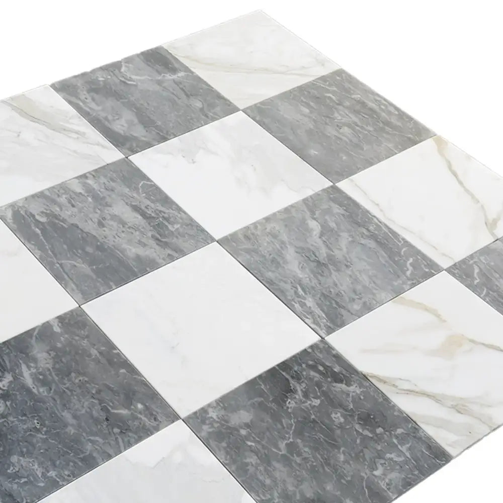 Checkerboard Bardiglio Prime and Calacatta Gold Marble 18x18 tile pattern image