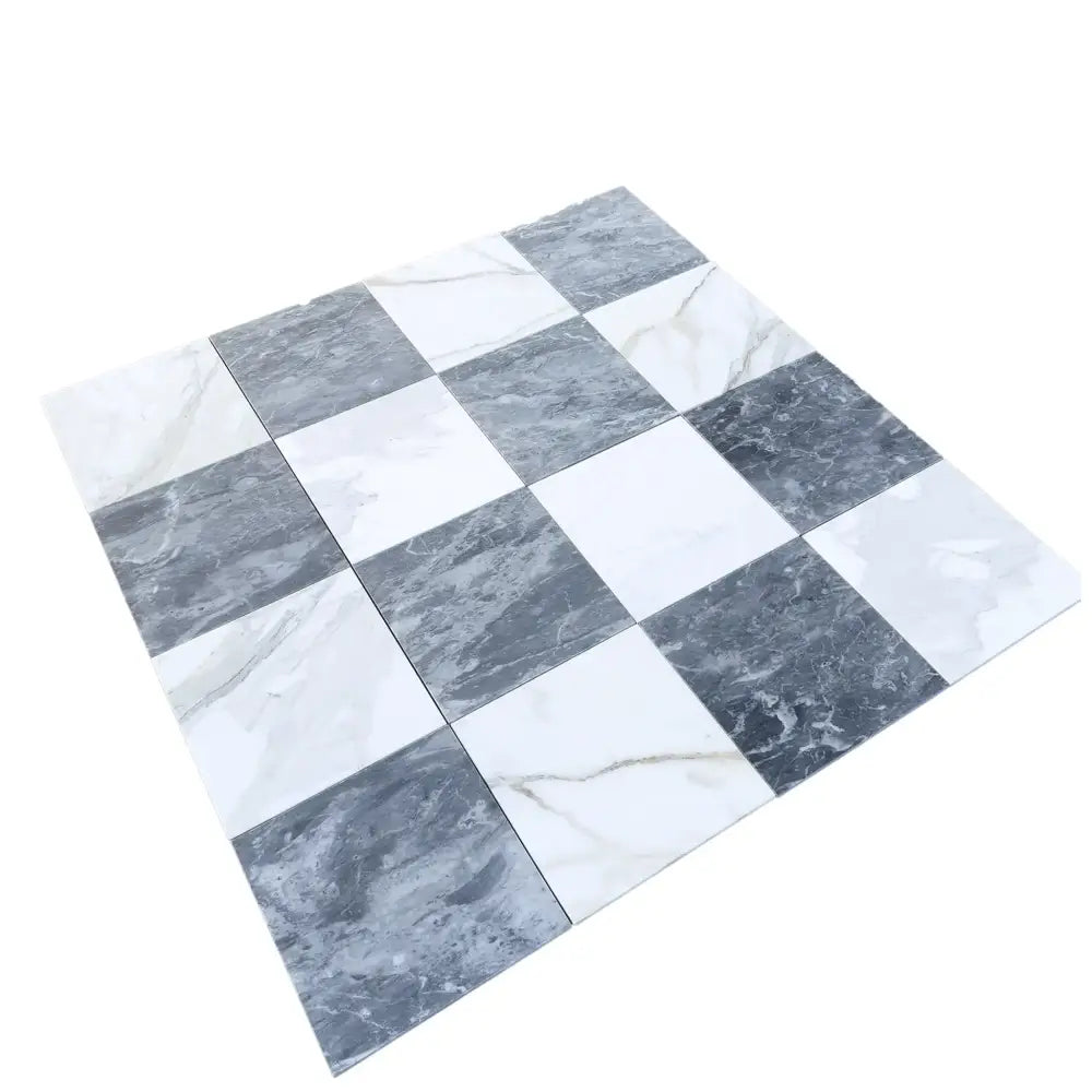Checkerboard Bardiglio Prime and Calacatta Gold Marble 18x18 tile pattern