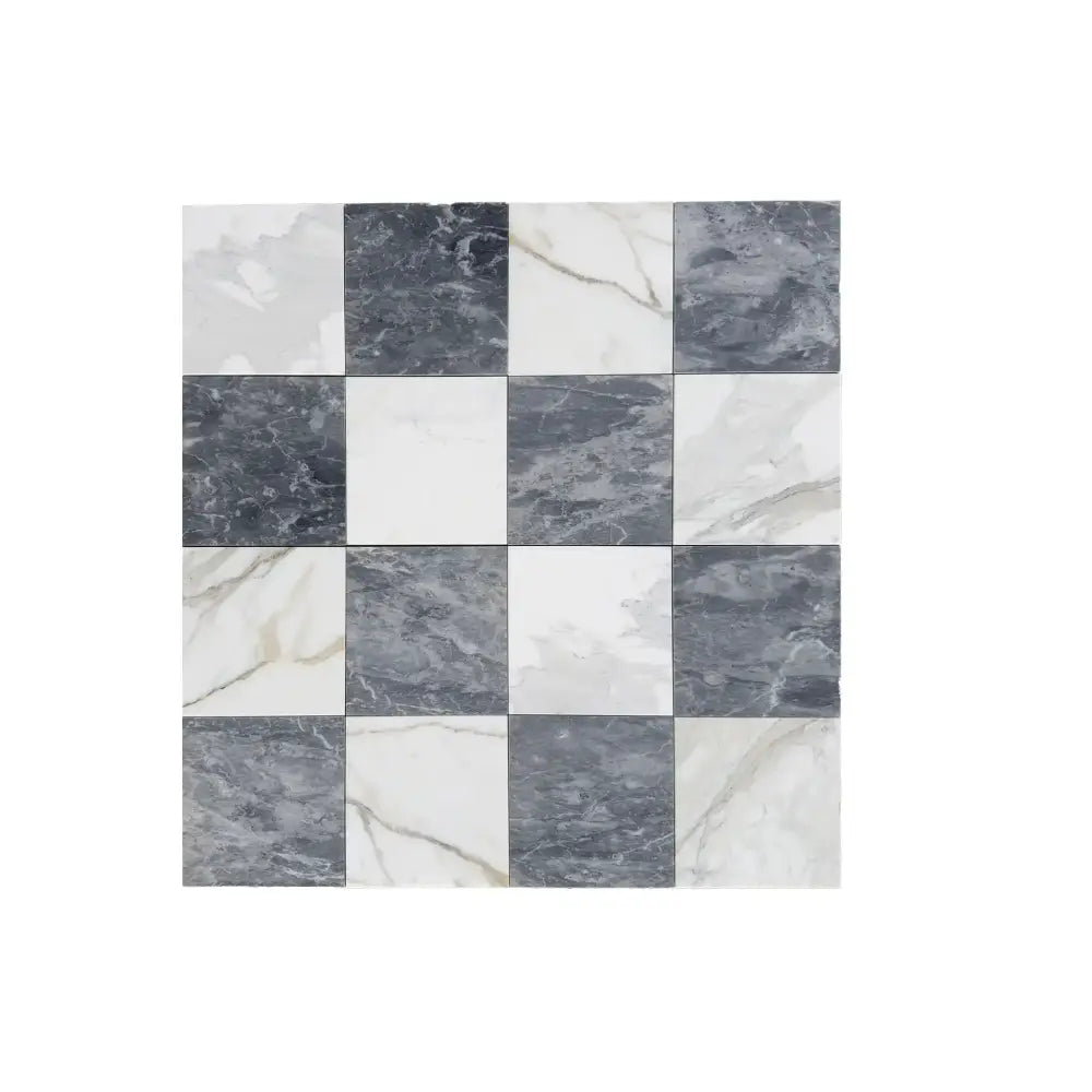 Checkerboard marble tile pattern with Bardiglio Prime and Calacatta Gold in 18x18 set