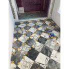 Marble tile floor installation with Checkerboard Bardiglio Prime and Calacatta Gold Marble 18x18 Set