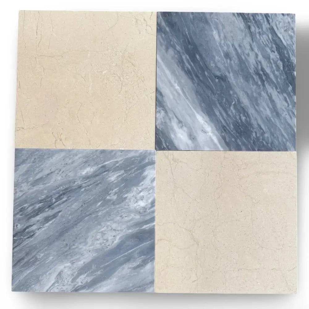 Four square marble tiles from Checkerboard Bardiglio Prime and Crema Marfil Set