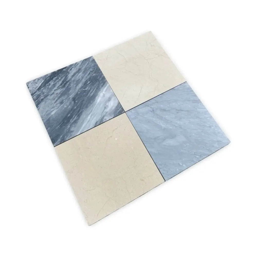 Four square stone tiles in Checkerboard Bardiglio Prime and Crema Marfil Select 12x12 Set