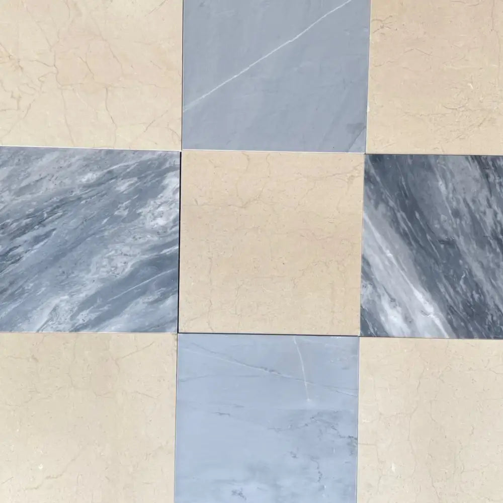 Square marble tile arrangement from Checkerboard Bardiglio Prime and Crema Marfil Set