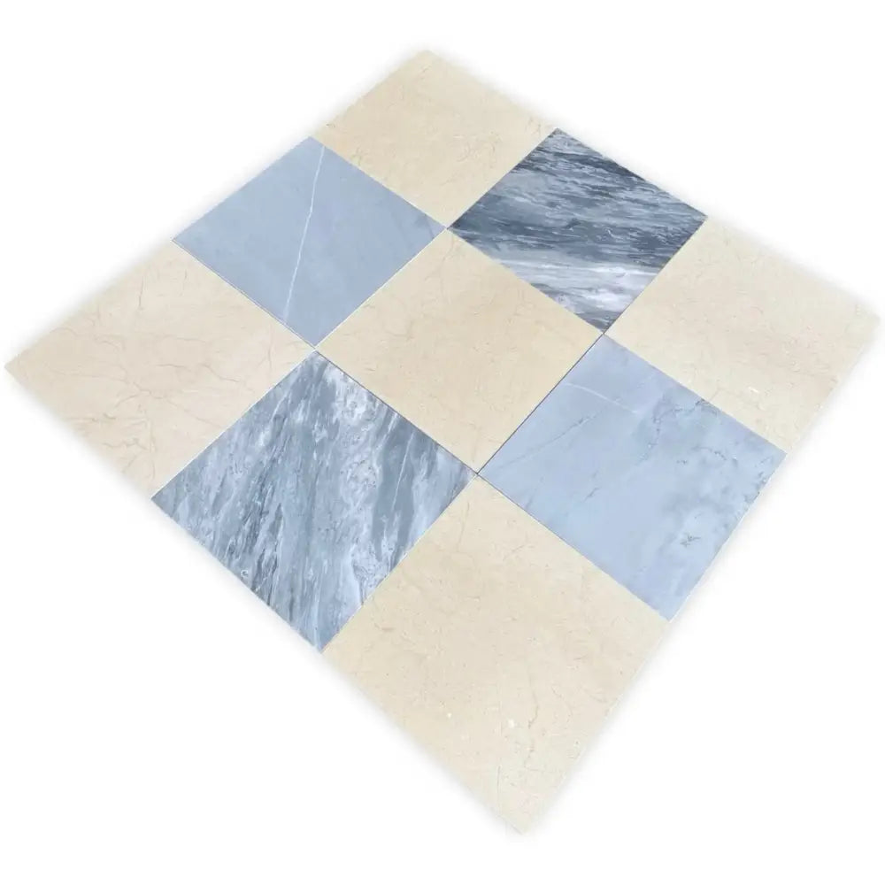 Checkerboard tile pattern in Checkerboard Bardiglio Prime and Crema Marfil Select 12X12 Set