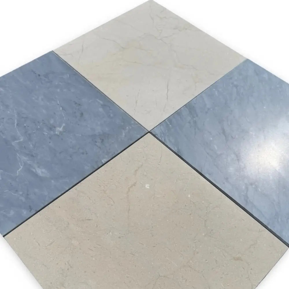 Four square marble tiles from Checkerboard Bardiglio Prime and Crema Marfil Select 12X12 Set