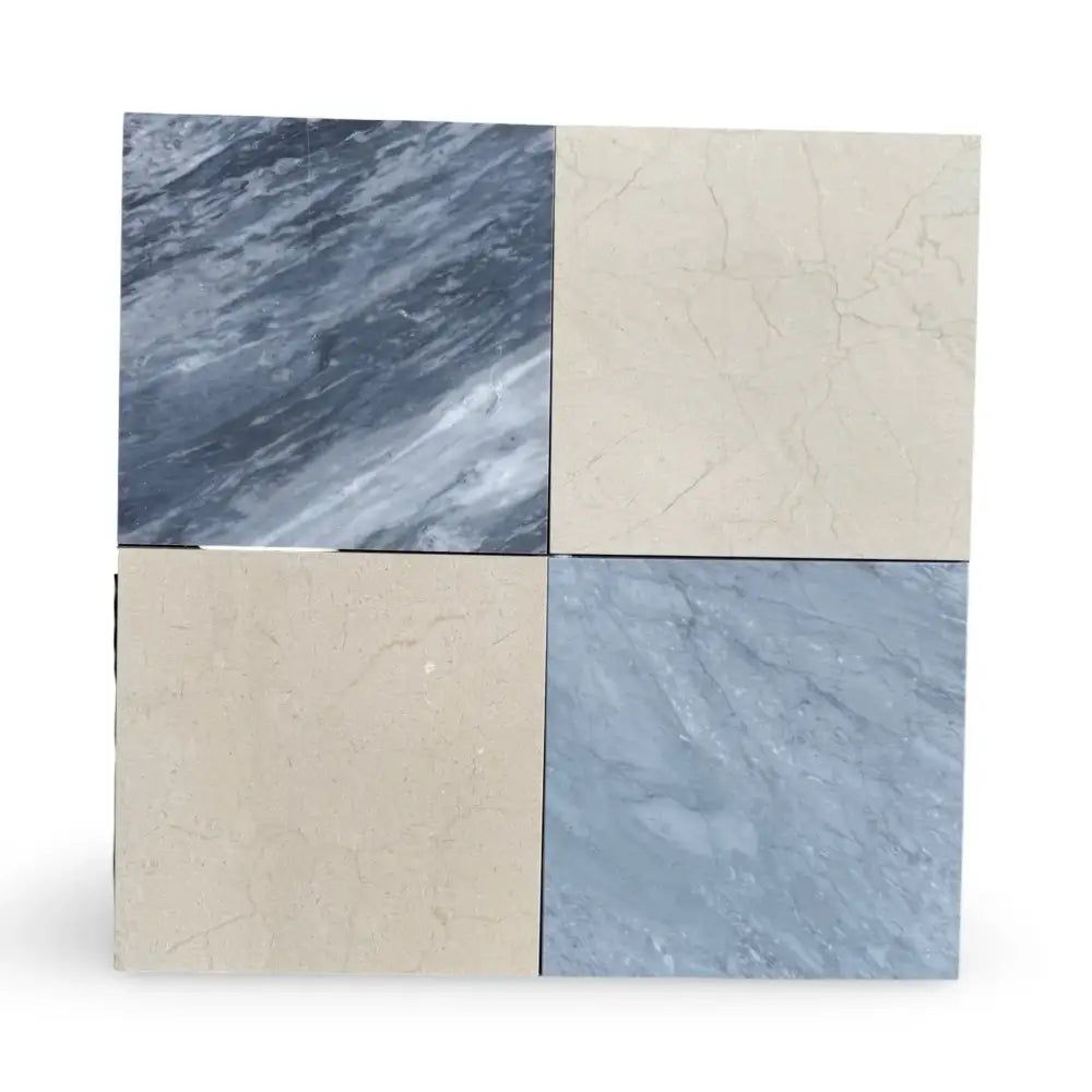 Four square marble tiles from Checkerboard Bardiglio Prime and Crema Marfil Select 12X12 Set
