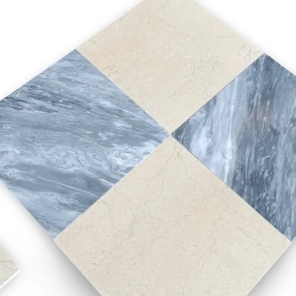 Diamond-patterned tile with Bardiglio Prime marble and Crema Marfil squares