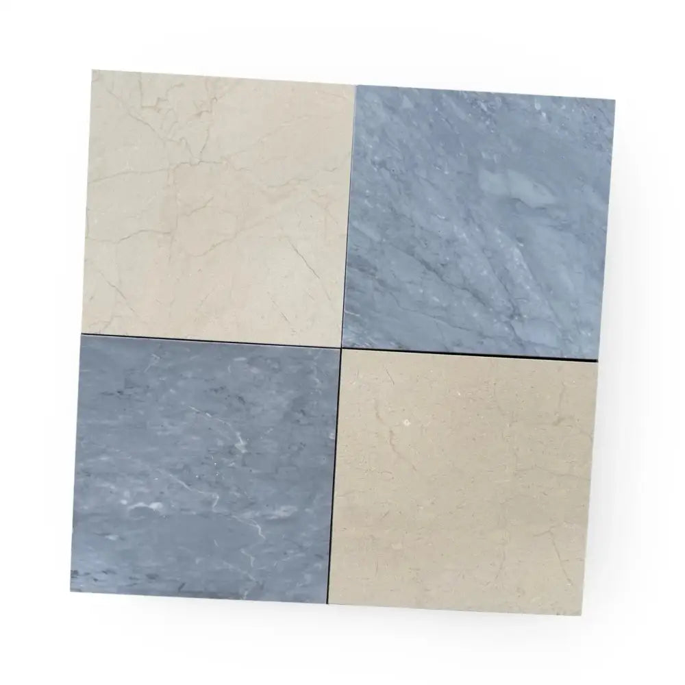 Checkerboard Bardiglio Prime and Crema Marfil stone tiles in 12x12 set