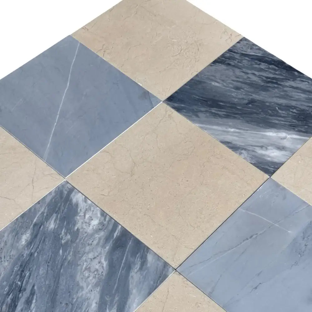 Diamond-patterned tile arrangement in Checkerboard Bardiglio Prime and Crema Marfil Set