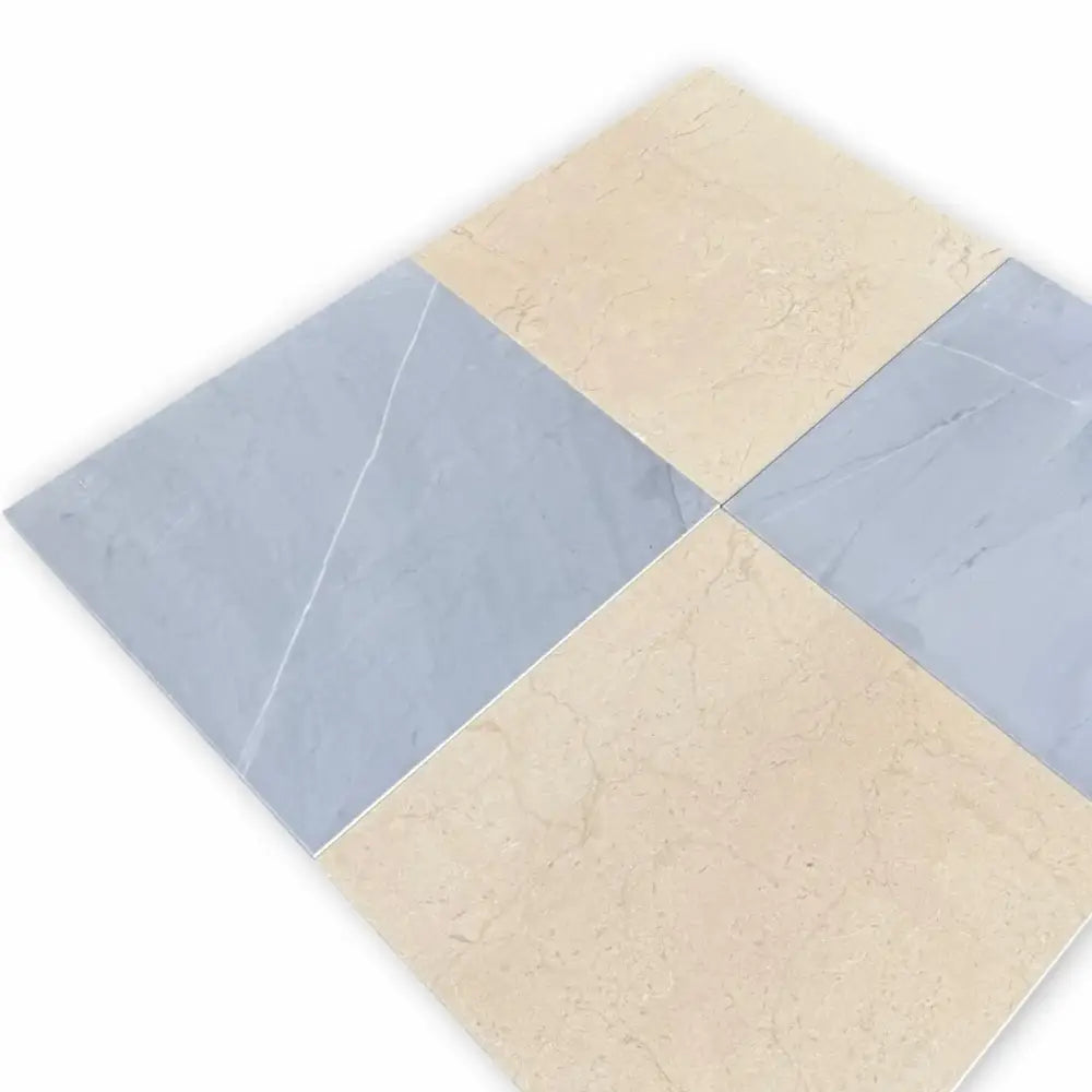 Four square tiles alternating blue and beige in Checkerboard Bardiglio Prime and Crema Marfil Set