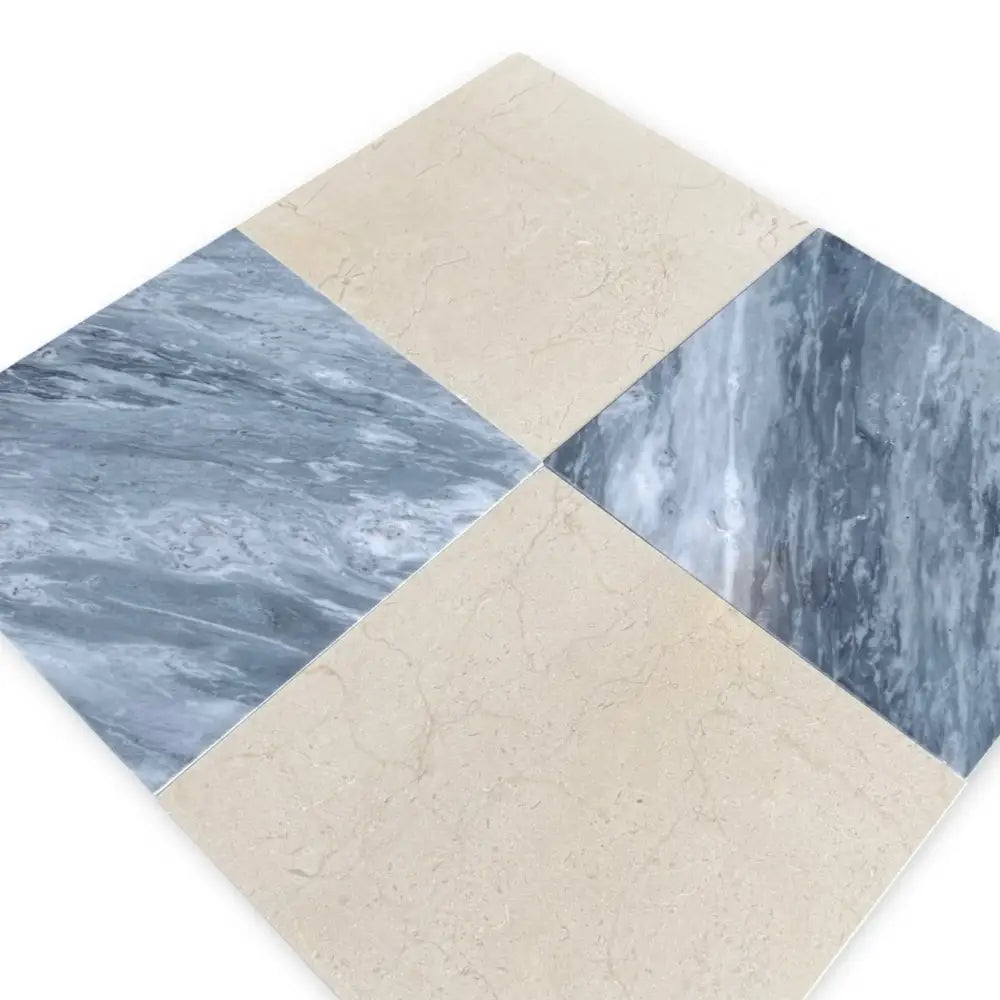Diamond-patterned tile with Bardiglio Prime marble and Crema Marfil beige squares