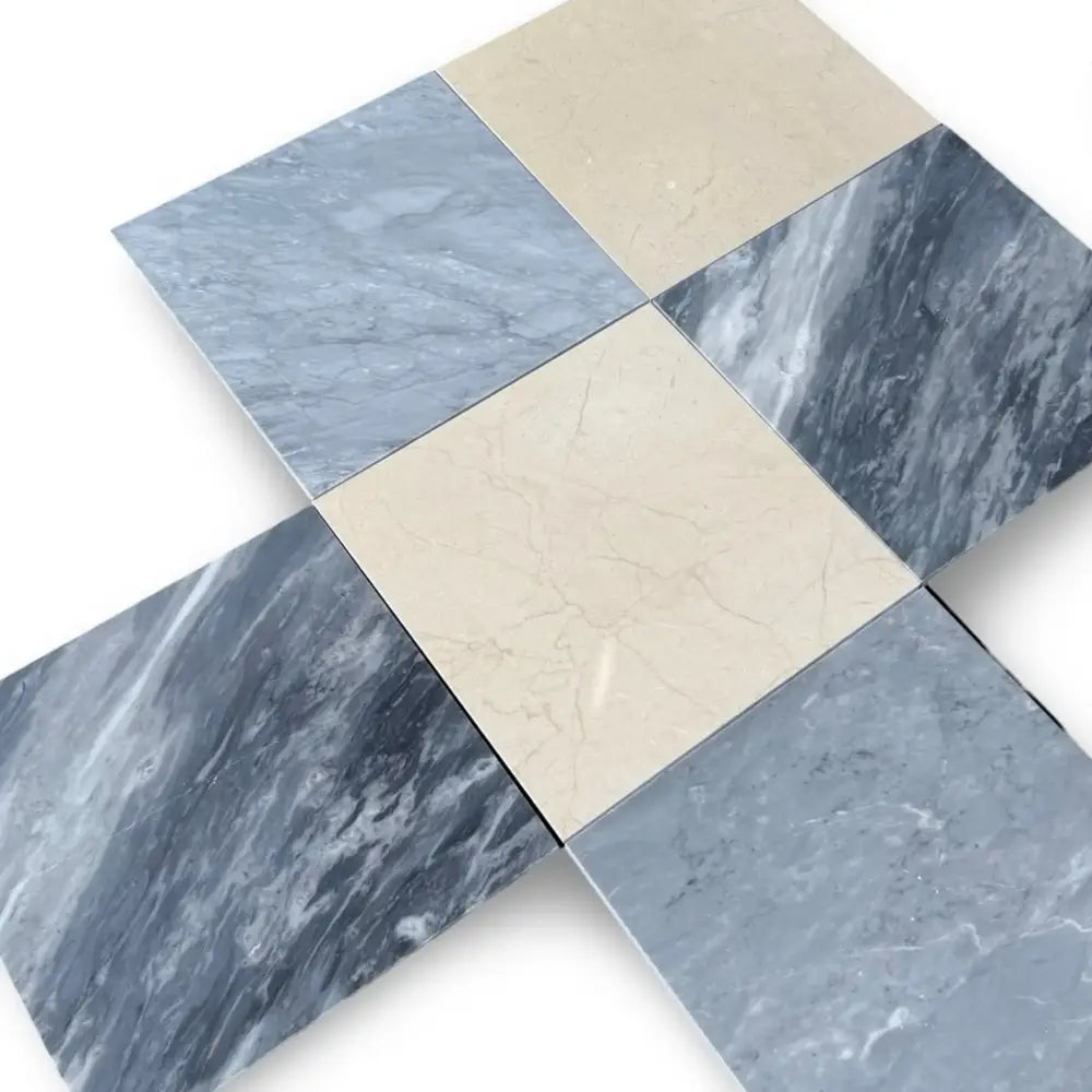 Checkerboard pattern of Marble-Look Tiles in Bardiglio Prime and Crema Marfil Select 12x12 Set