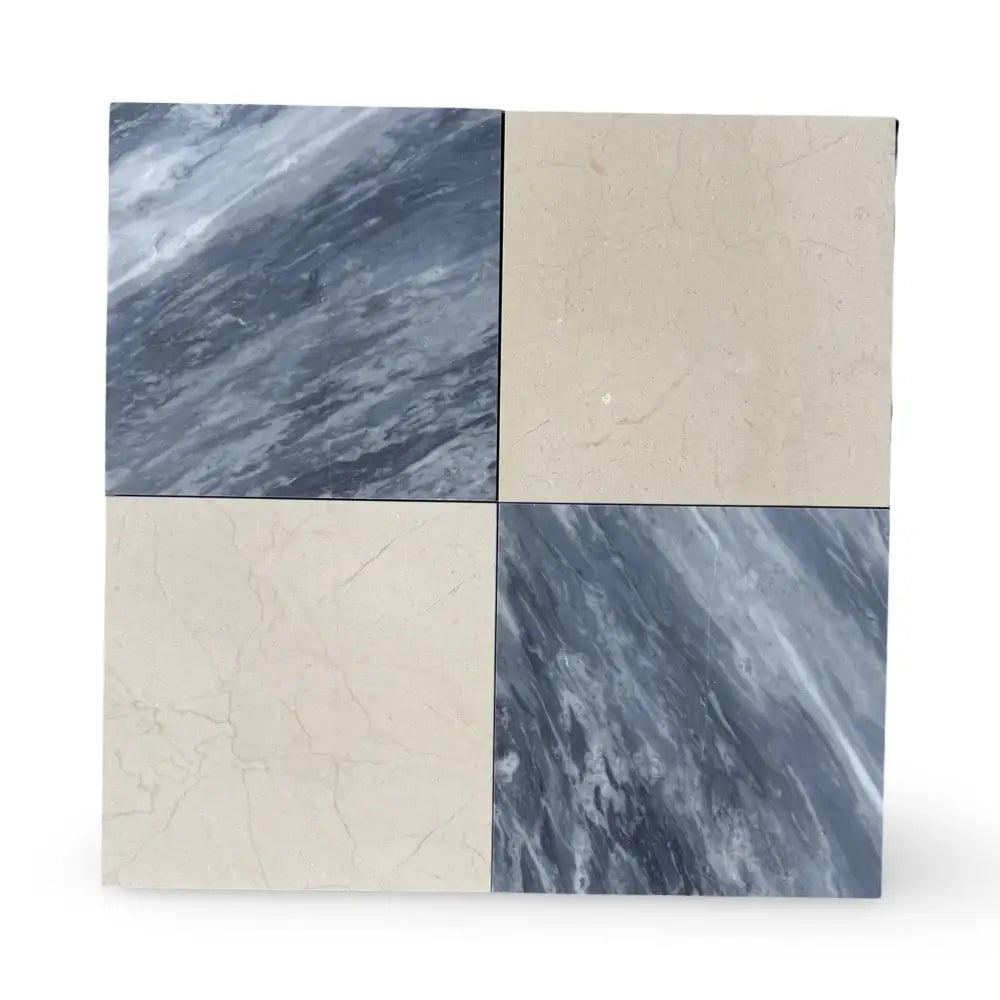Four square tiles from Checkerboard Bardiglio Prime and Crema Marfil Select 12X12 Set