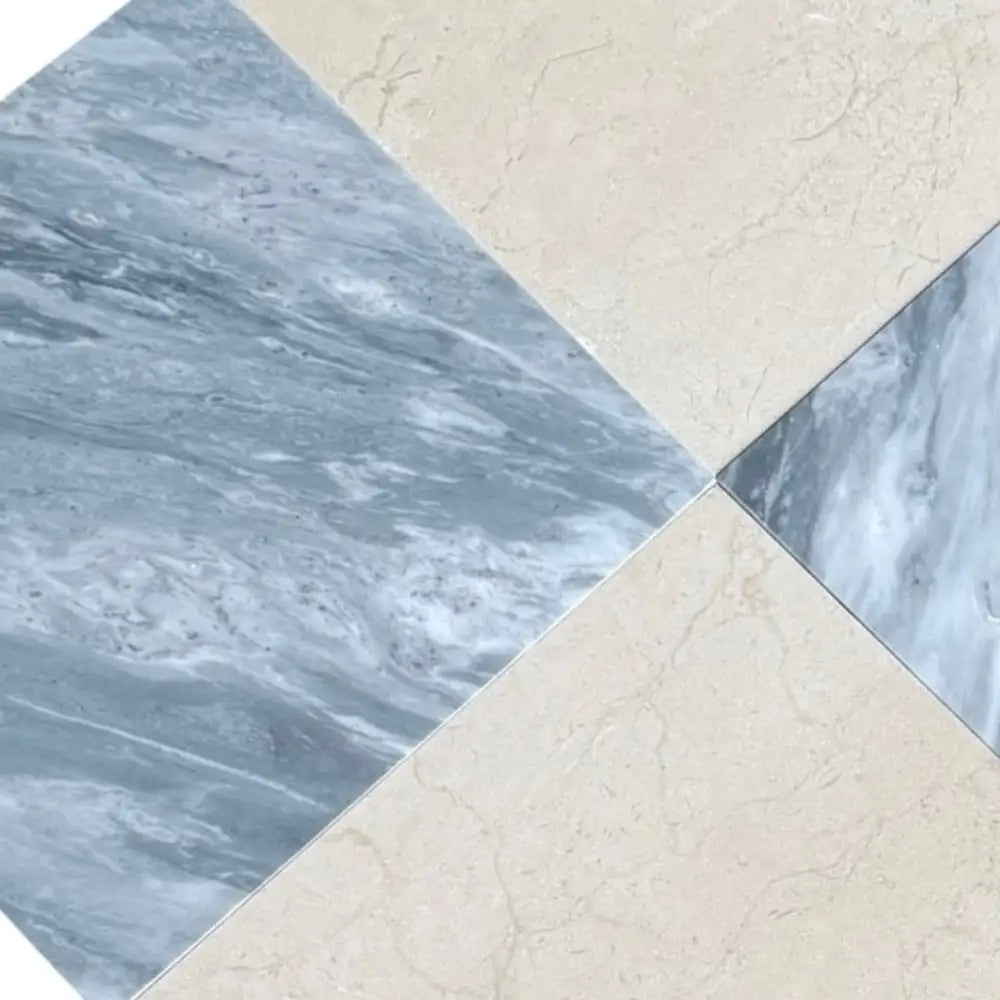 Checkerboard Bardiglio Prime and Crema Marfil Select 18X18 tile pattern with marble and beige colors