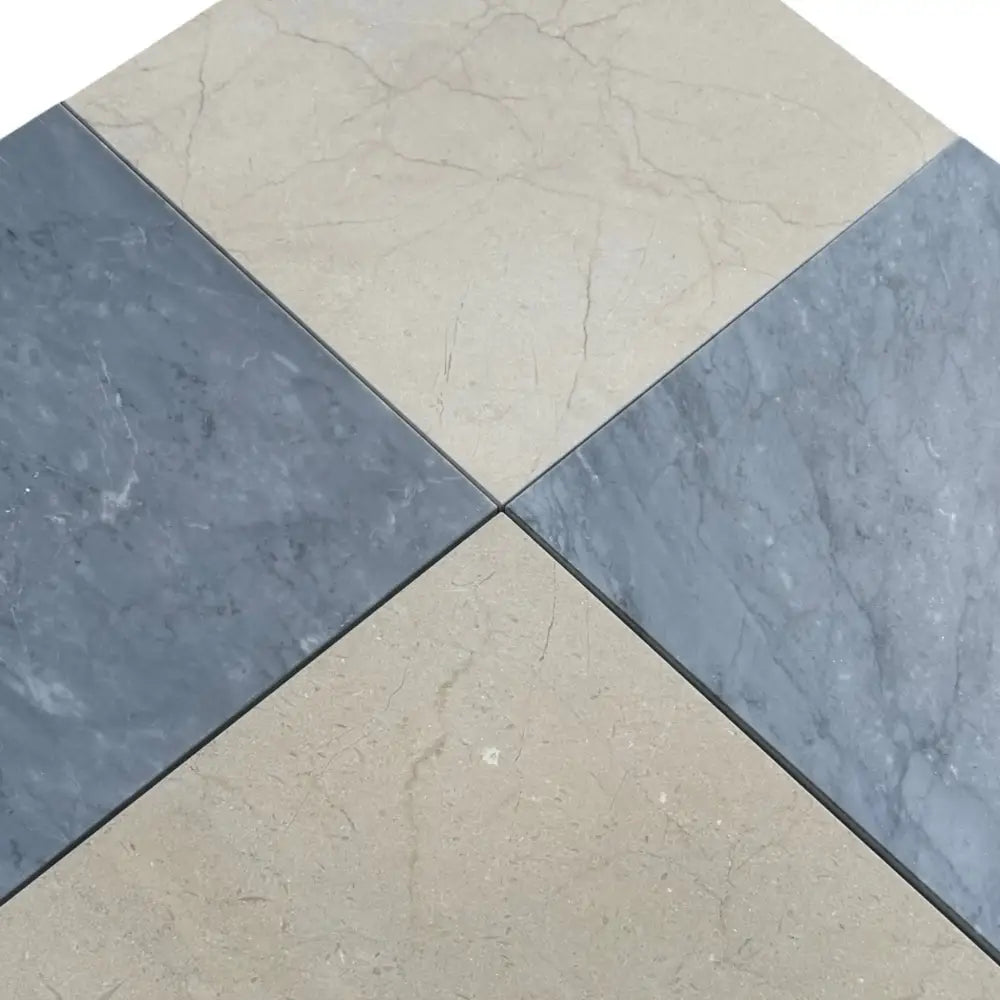 Four marble tiles in a diamond pattern for Checkerboard Bardiglio Prime and Crema Marfil Set