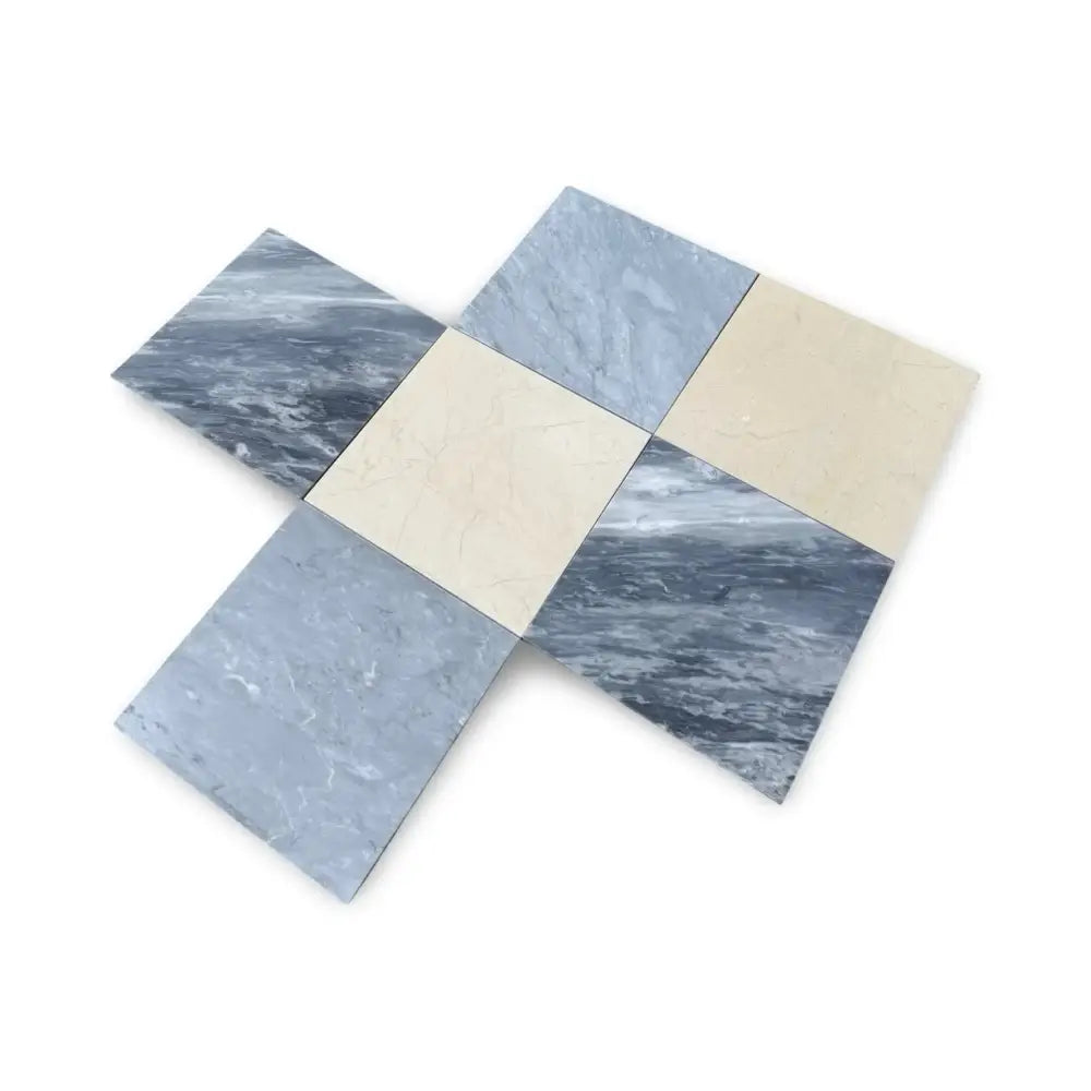 Arrangement of square tiles from Checkerboard Bardiglio Prime and Crema Marfil Select 18X18 Set