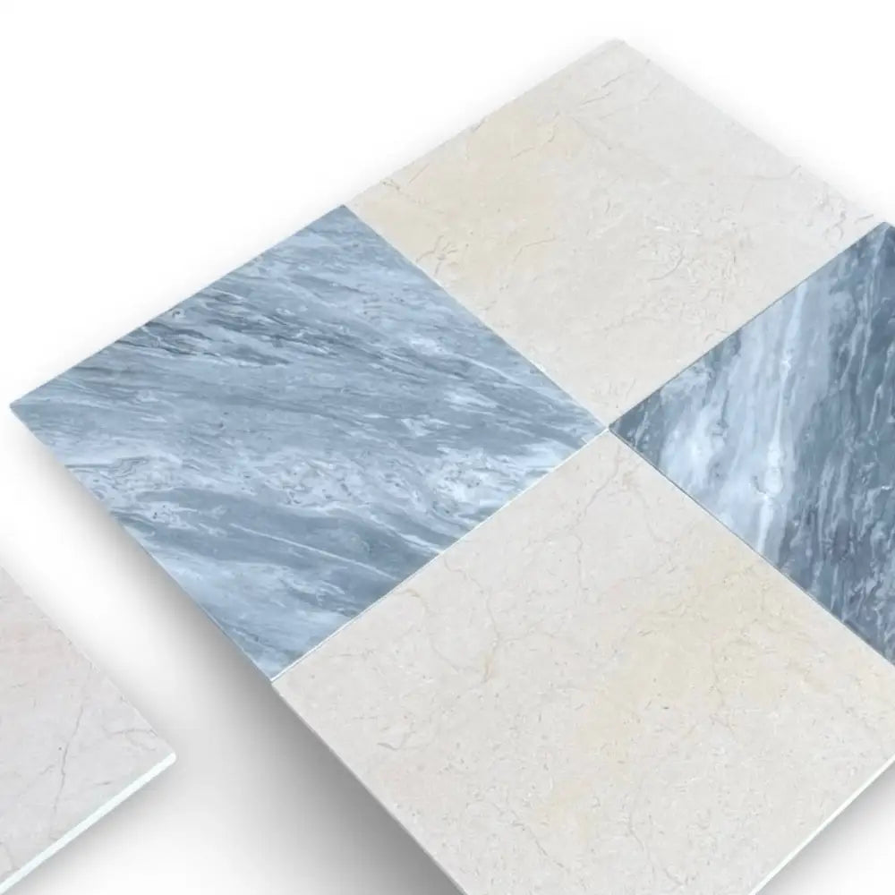 Diamond-patterned floor tiles in the Checkerboard Bardiglio Prime and Crema Marfil Set