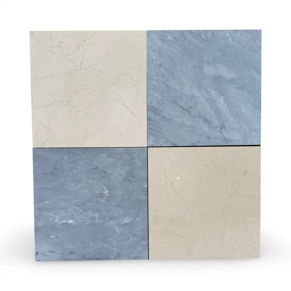 Four square marble tiles from Checkerboard Bardiglio Prime and Crema Marfil Set