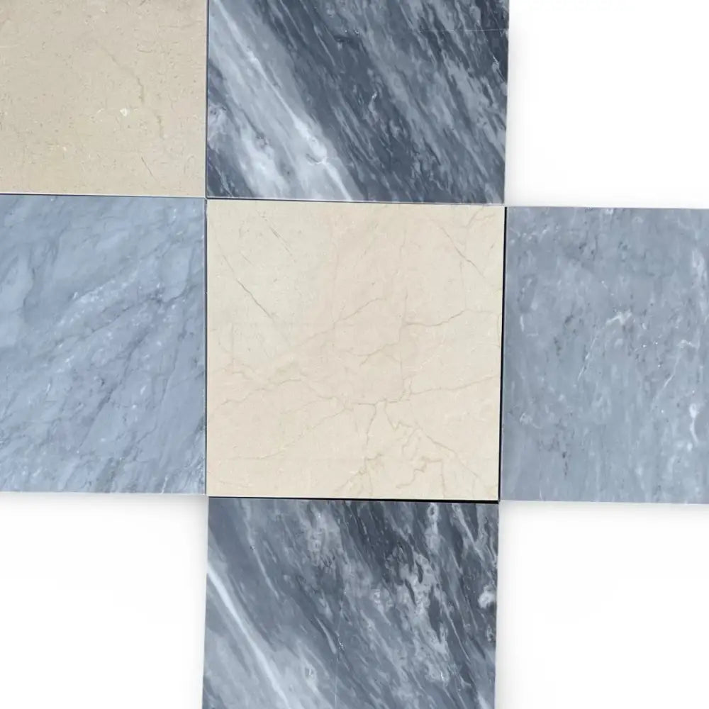 Square marble tile arrangement featuring Checkerboard Bardiglio Prime and Crema Marfil Select 18X18 Set