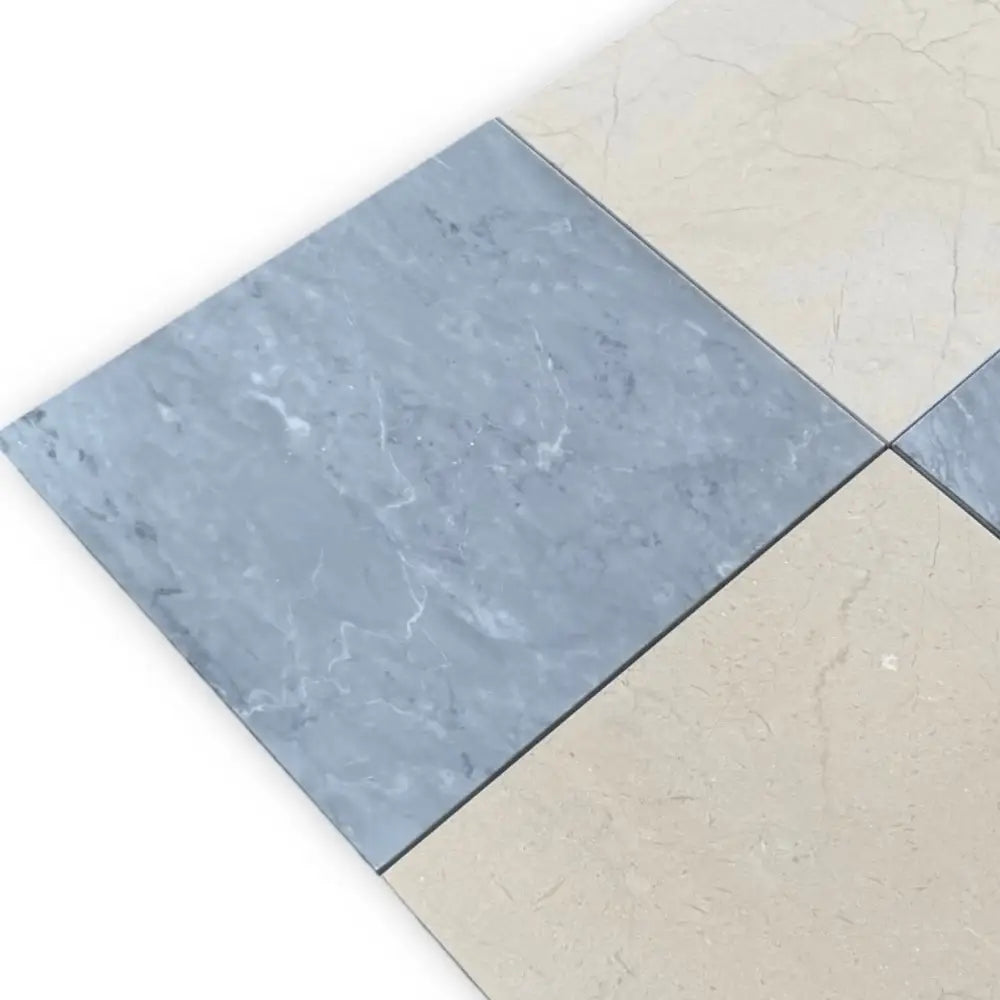 Alternating gray and beige marble tiles in Checkerboard Bardiglio Prime and Crema Marfil Set