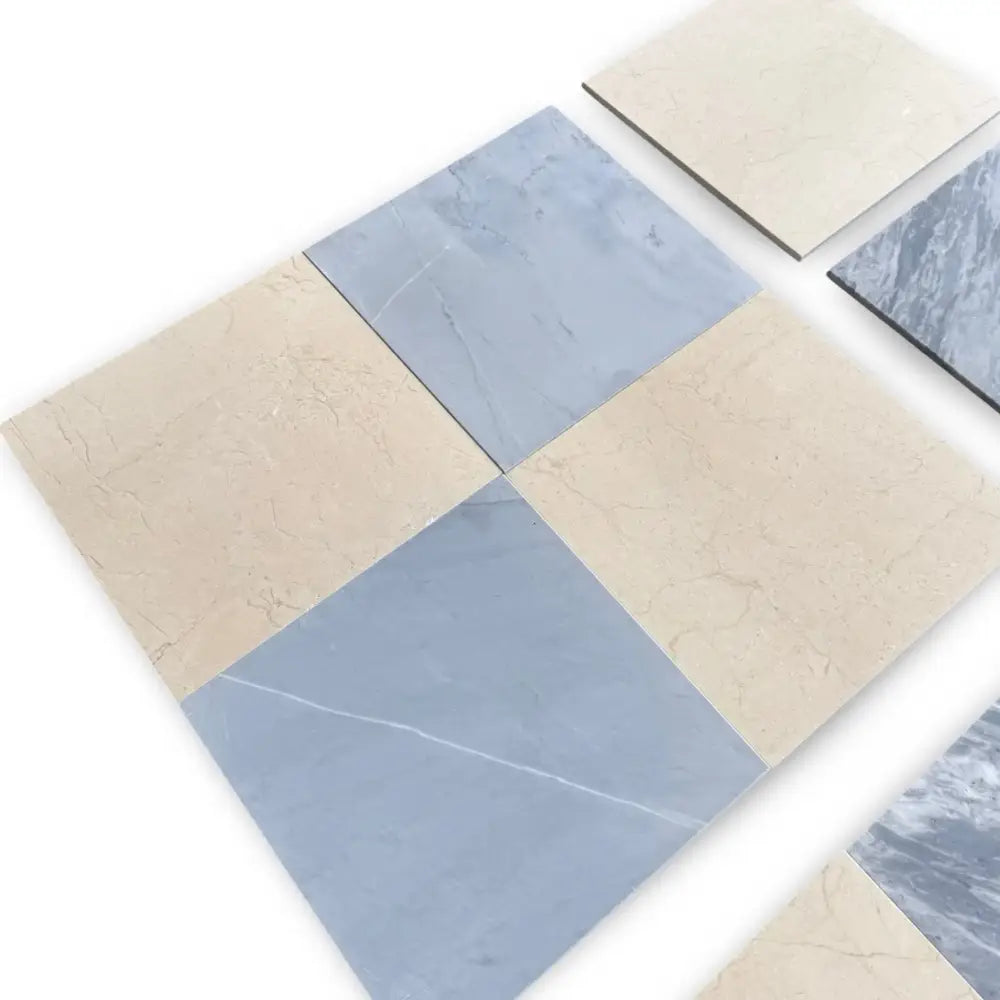 Square ceramic tiles from the Checkerboard Bardiglio Prime and Crema Marfil Select 18X18 Set