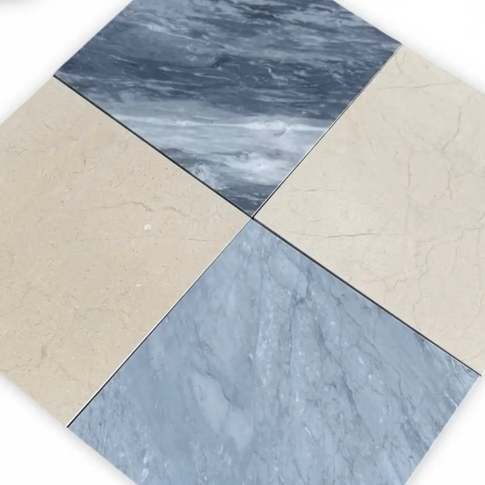 Four square marble tiles from Checkerboard Bardiglio Prime and Crema Marfil Set