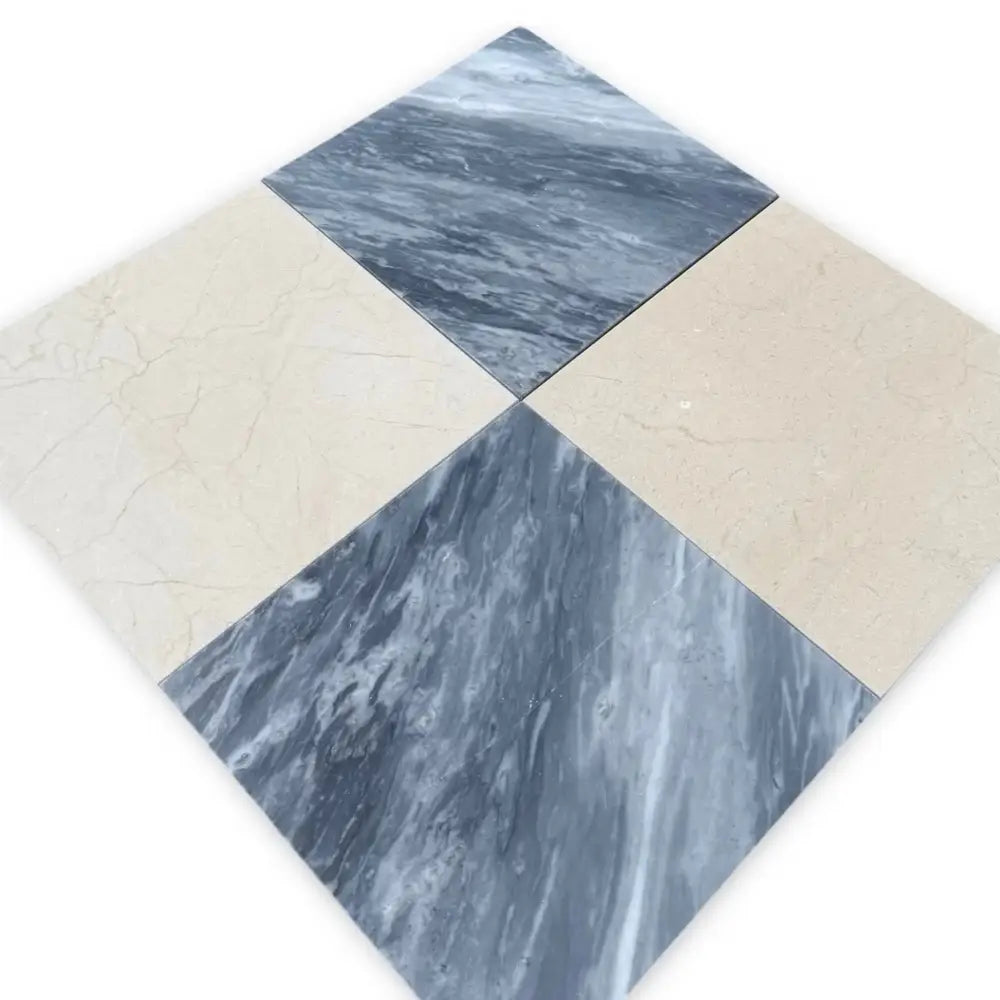 Diamond-patterned marble tiles from Checkerboard Bardiglio Prime and Crema Marfil Set